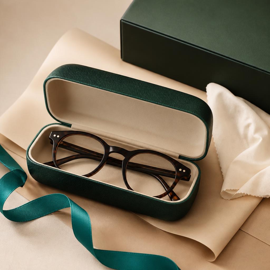 Étui premium ouvert avec une paire de lunettes