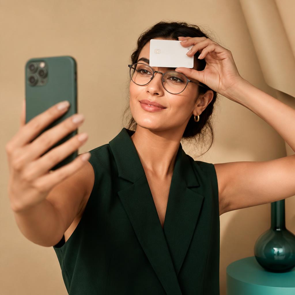 Selfie avec une carte sur le front pour la mesure du visage